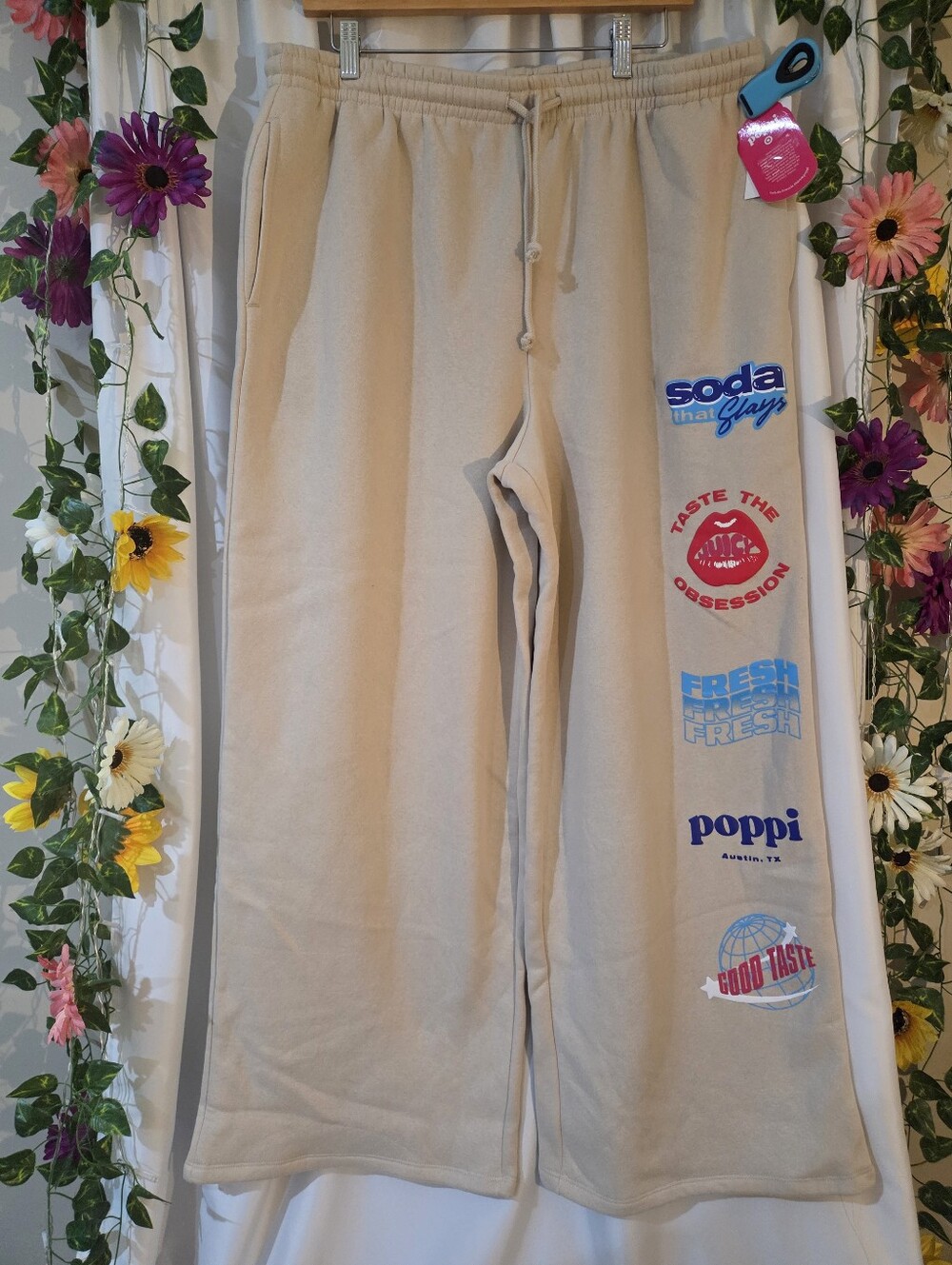 Poppi Beige Women's Sweatpants with colorful logo prints Size XXL NEW